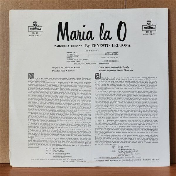MARIA LA O / ZARZUELA CUBANA BY ERNESTO LECUONA, GUSTAVO SANCHEZ GALARRAGA - LP 2.EL PLAK