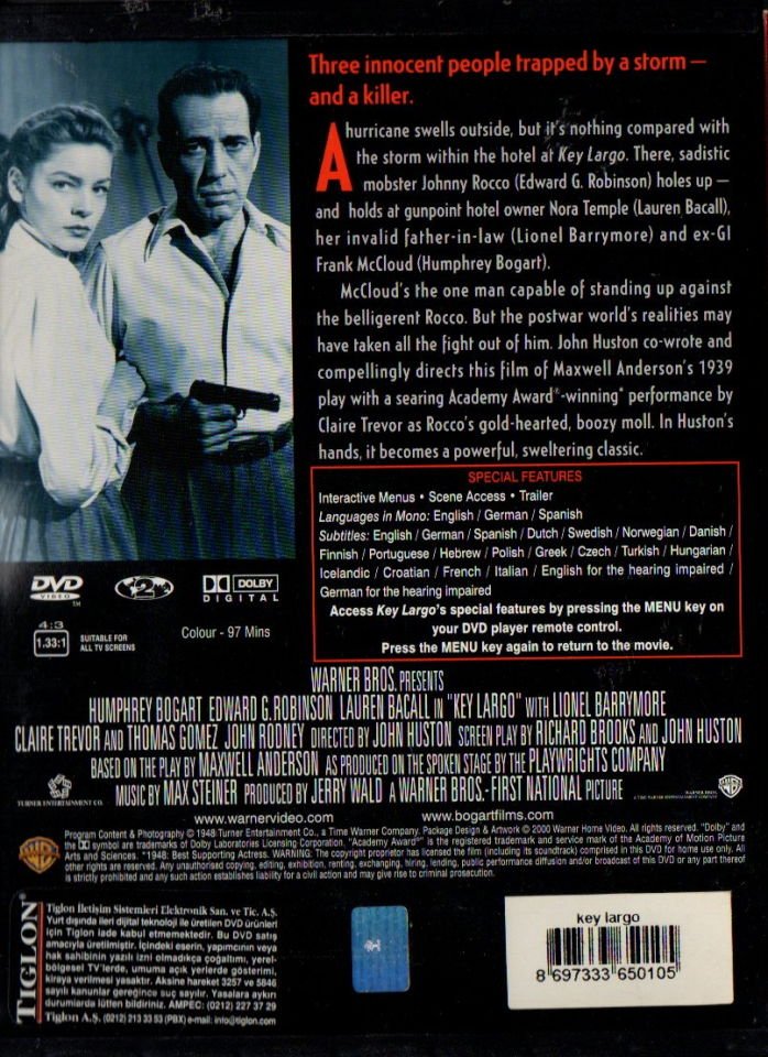 KEY LARGO (1948) - HUMPHREY BOGART - JOHN HUSTON - SNAPCASE DVD 2.EL