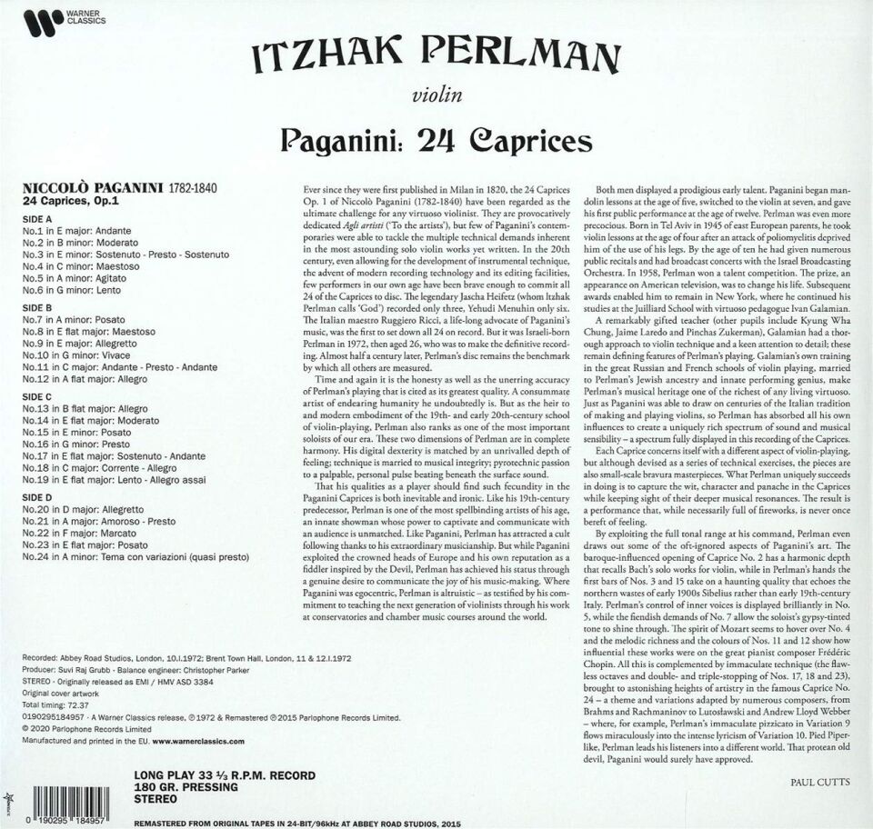 PAGANINI - 24 CAPRICES / ITZHAK PEARLMAN (1972) - 2xLP 2020 EDITION SIFIR PLAK