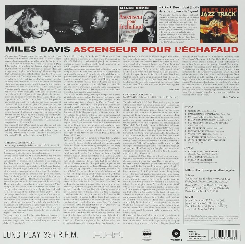 MILES DAVIS - ASCENSEUR POUR L'ECHAFAUD / LIFT TO THE GALLOWS (1958) - LP 180GR 2014 ALTERNATIVE COVER EDITION SIFIR PLAK