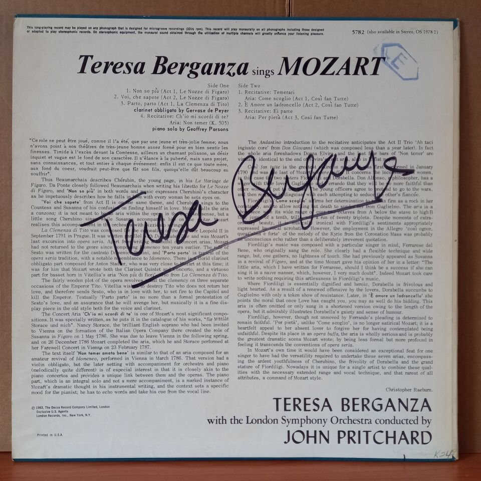 TERESA BERGANZA SINGS MOZART / JOHN PRITCHARD, LONDON SYMPHONY ORCHESTRA (1963) - LP 2.EL PLAK