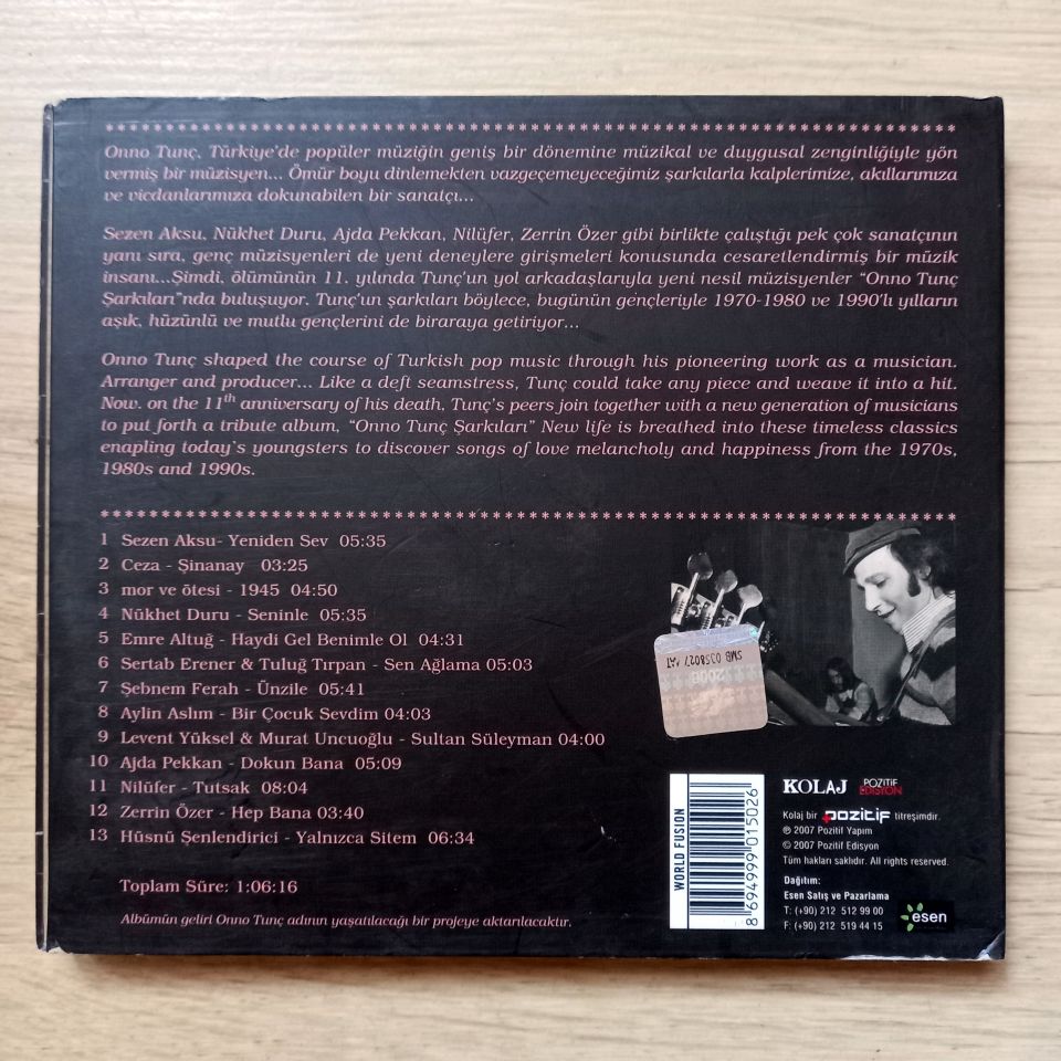 ONNO TUNÇ ŞARKILARI / AJDA PEKKAN, AYLİN ASLIM, CEZA, EMRE ALTUĞ, LEVENT YÜKSEL, MOR VE ÖTESİ, NİLÜFER, NÜKHET DURU, SERTAB ERENER, SEZEN AKSU (2007) - CD 2.EL