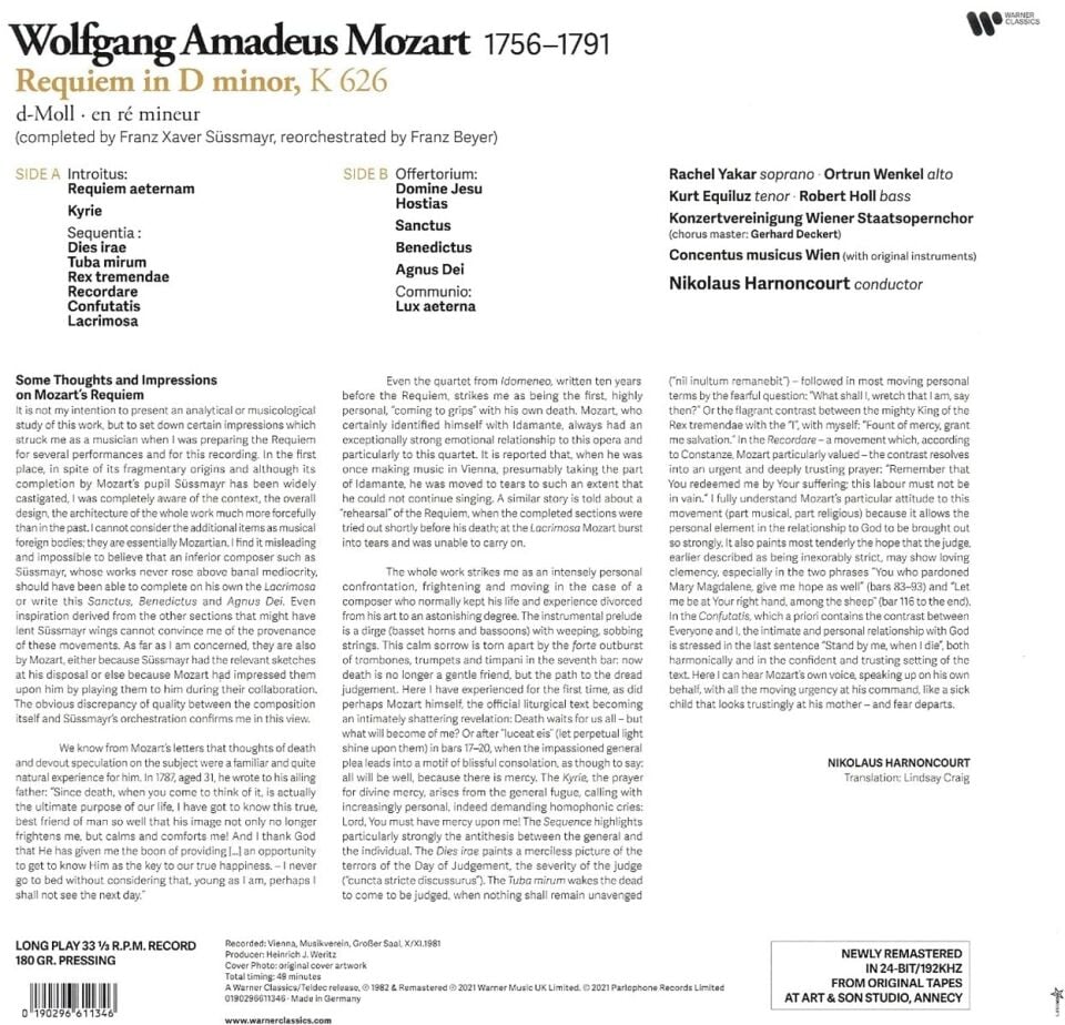 MOZART - REQUIEM / NIKOLAUS HARNONCOURT , RACHEL YAKAR , ORTRUN WENKEL (1982) - LP 2021 EDITION SIFIR PLAK
