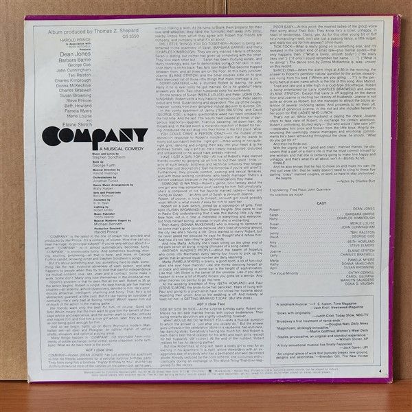 COMPANY [A MUSICAL COMEDY] / ORIGINAL CAST RECORDING / STEPHEN SONDHEIM (1970) - LP 2.EL PLAK
