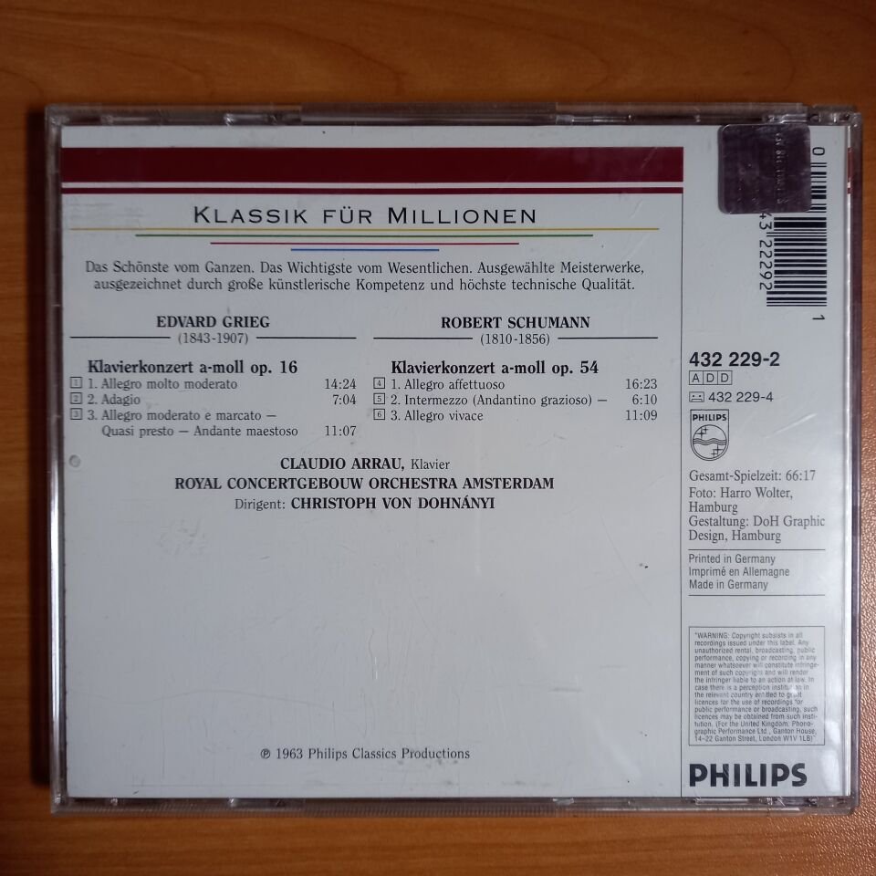 GRIEG, SCHUMANN - CLAUDIO ARRAU, CHRISTOPH VON DOHNÁNYI – KLAVIERKONZERTE (1963) - CD DIGITALLY REMASTERED 2.EL