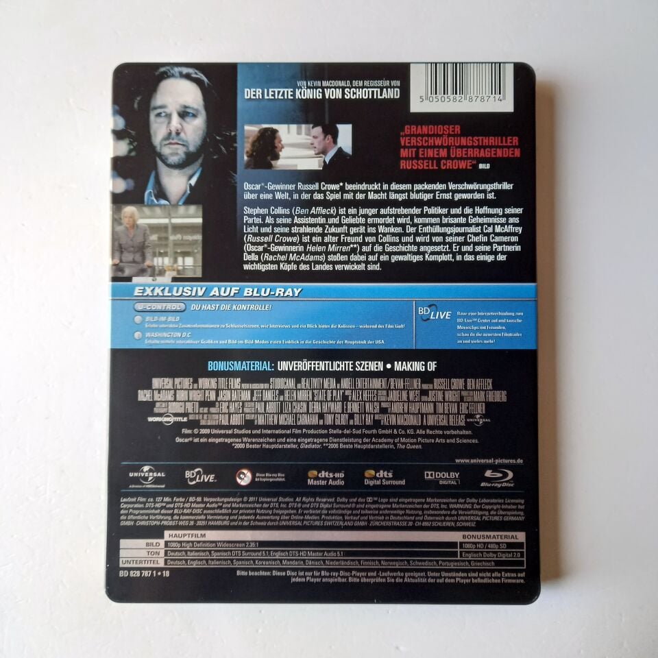 STATE OF PLAY - RUSSELL CROWE, BEN AFFLECK, RACHEL MCADAMS - YÖN.: KEVIN MACDONALD - 2BLU-RAY STEELBOOK METAL KUTU 2.EL TÜRKÇE ALTYAZI YOKTUR
