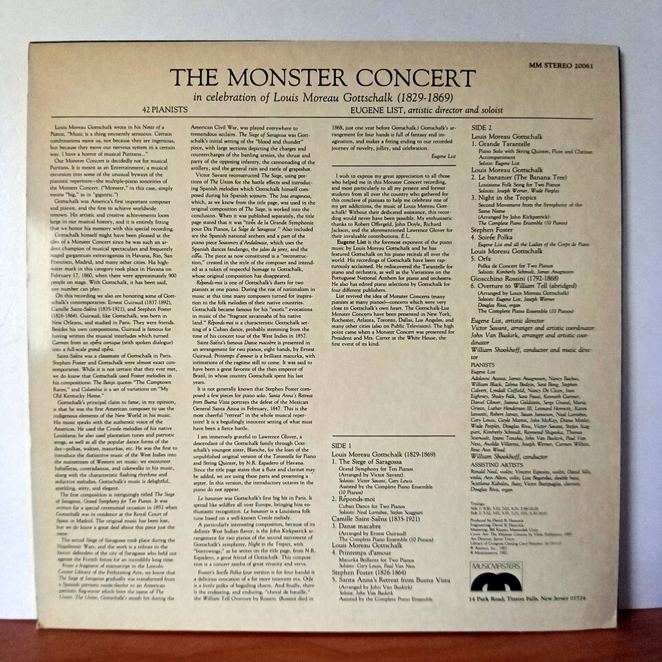 THE MONSTER CONCERT / IN CELEBRATION OF LOUIS MOREAU GOTTSCHALK / EUGENE LIST (1983) - LP 2.EL PLAK