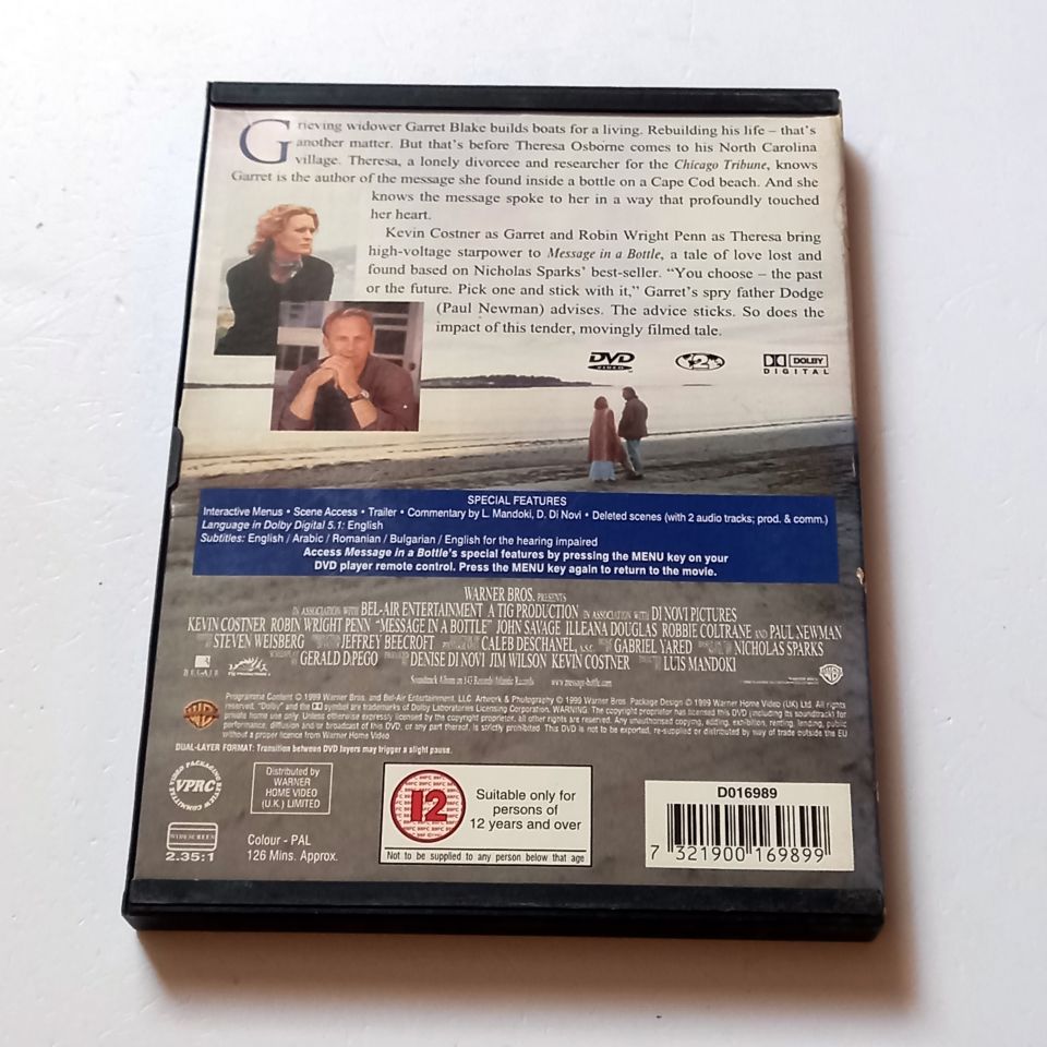 MESSAGE IN A BOTTLE - KEVIN COSTNER, ROBIN WRIGHT PENN, PAUL NEWMAN - YÖN.: JOAN CHEN - DVD SNAPCASE 2.BÖLGE TÜRKÇE ALTYAZI YOKTUR 2.EL