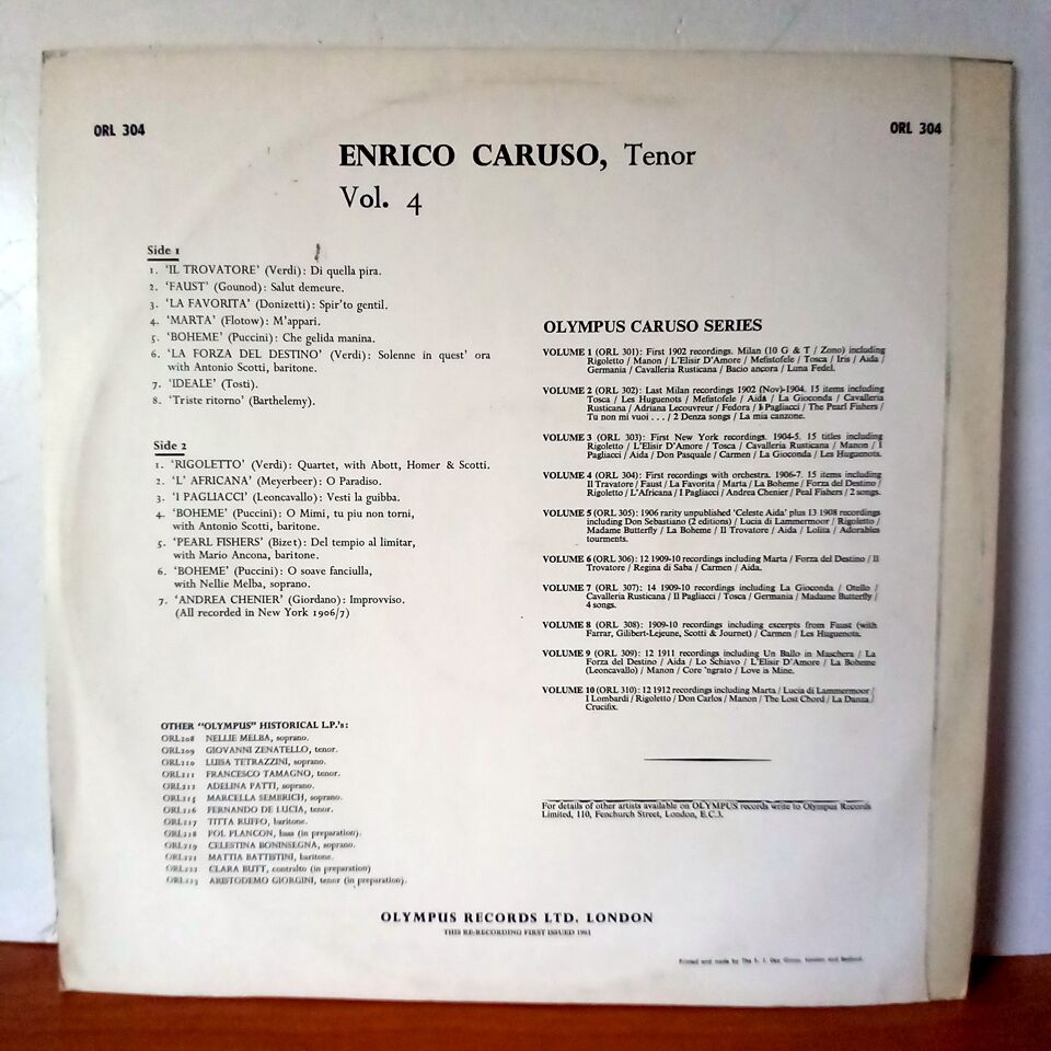 ENRICO CARUSO – ENRICO CARUSO VOLUME 4 - NEW YORK 1906/7 (1961) - LP 2.EL PLAK