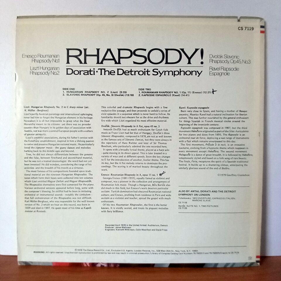 RHAPSODY! / THE DETROIT SYMPHONY ORCHESTRA, ANTAL DORATI (1979) - LP 2.EL PLAK