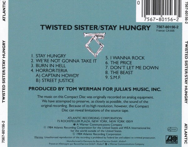 TWISTED SISTER – STAY HUNGRY (1984) - CD REISSUE JEWEL CASE AMBALAJINDA SIFIR