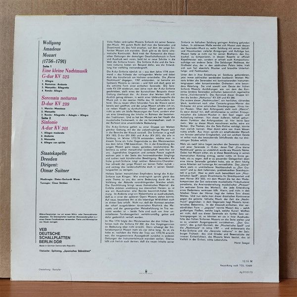 WOLFGANG AMADEUS MOZART: EINE KLEINE NACHTMUSIK G-DUR KV 525 / SERENATA NOTTURNA D-DUR KV 239 / SINFONIE A-DUR KV 201 / STAATSKAPELLE DRESDEN, OTMAR SUITNER - LP 2.EL PLAK
