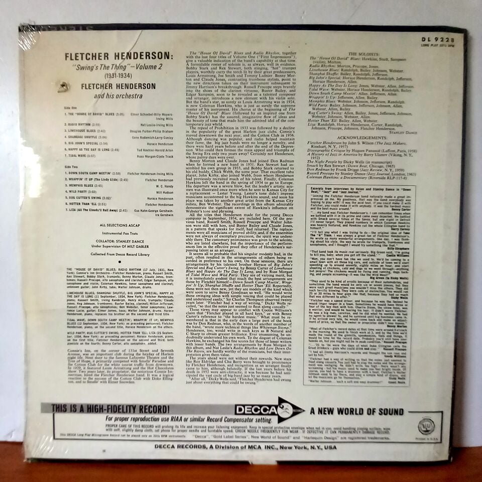 FLETCHER HENDERSON – SWING'S THE THING / 1931-1934 / VOLUME 2 (1961) - LP DÖNEM BASKI SIFIR PLAK
