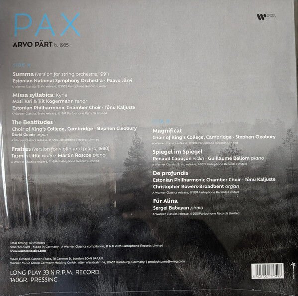 ARVO PART - PAX / Estonian Philharmonic Chamber Choir / Paavo Järvi / Estonian National Symphony Orchestra (2025) - LP WARNER CLASSICS SIFIR PLAK