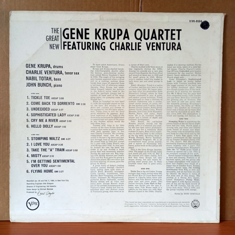 THE GENE KRUPA QUARTET FEATURING CHARLIE VENTURA – THE GREAT NEW GENE KRUPA QUARTET FEATURING CHARLIE VENTURA (1964) - LP 2.EL PLAK