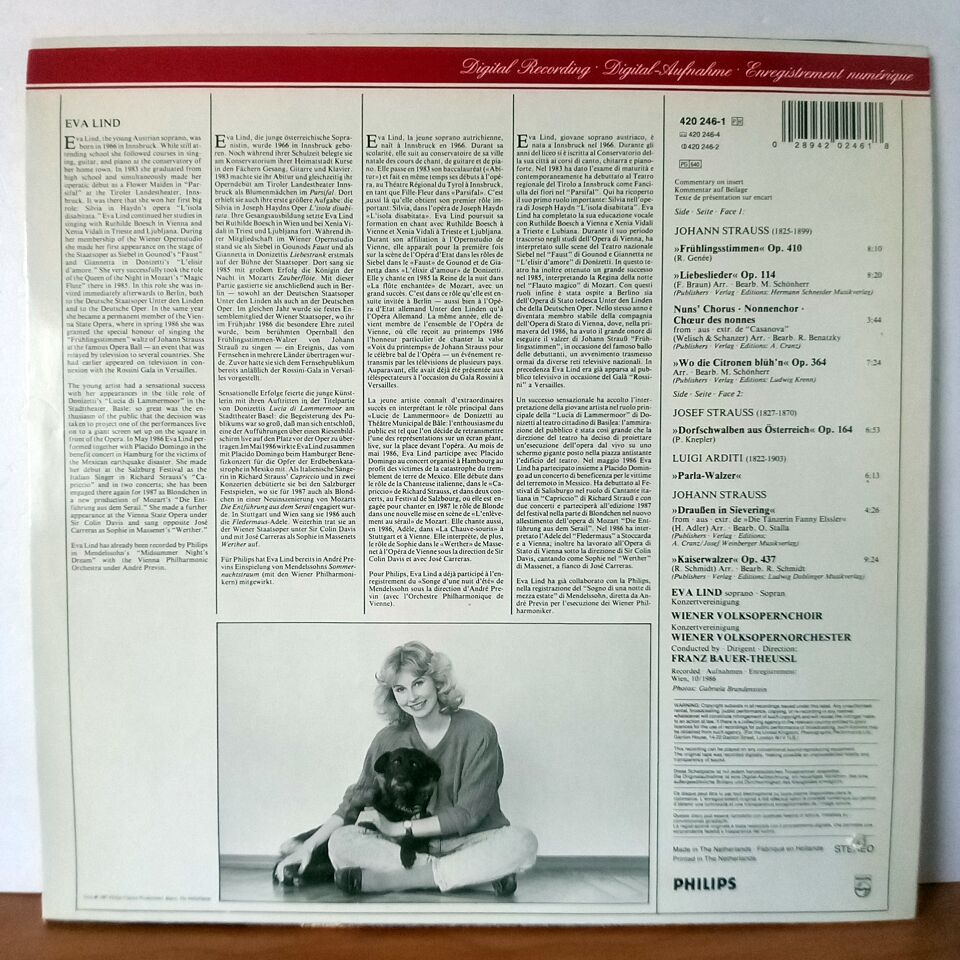 EVA LIND / FRÜHLINGSSTIMMEN (STRAUSS-WALZER) WIENER VOLKSOPERNORCHESTER, FRANZ BAUER-THEUSSL (1987) - LP 2.EL PLAK