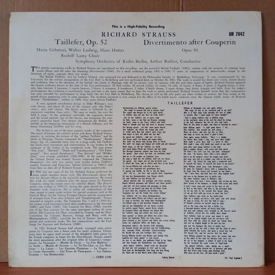 RICHARD STRAUSS: TAILLEFER AND DIVERTIMENTO AFTER COUPERIN / MARIA CEBOTARI, WALTER LUDWIG, HANS HOTTER, RUDOLF LAMY CHOIR (1952) - LP 2.EL PLAK