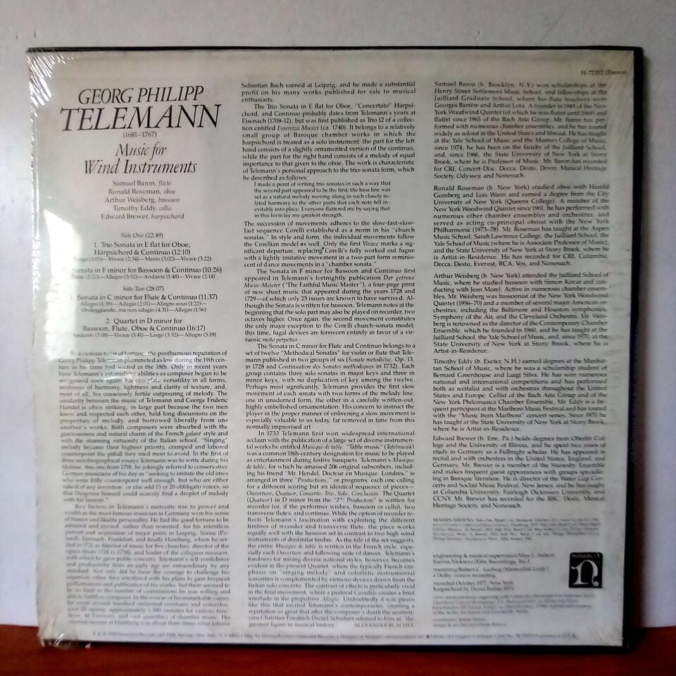 GEORG PHILIPP TELEMANN – MUSIC FOR WIND INSTRUMENTS (1978) - LP DÖNEM BASKI SIFIR PLAK
