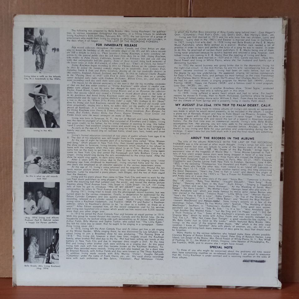 REMINISCE WITH IRVING KAUFMAN / THE LAST OF THE RECORDING PIONEERS - LP 2.EL PLAK