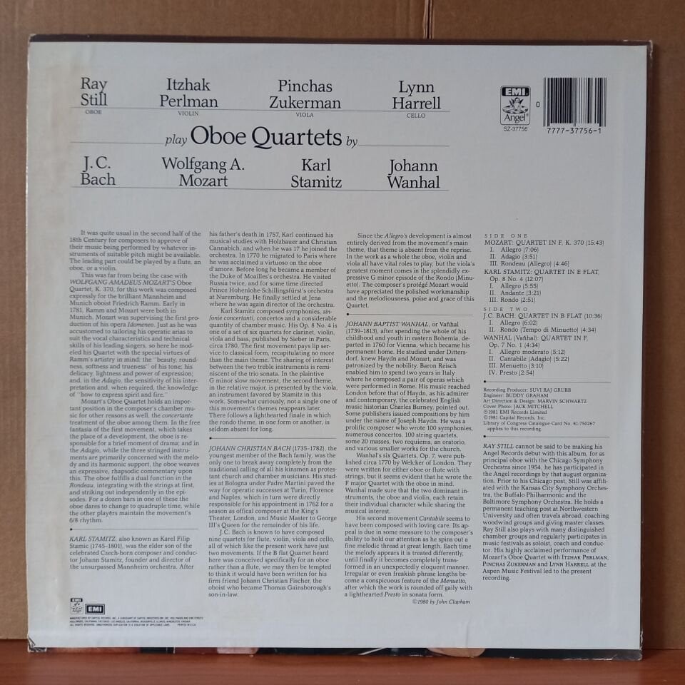 J.C. BACH, MOZART, STAMITZ, WANHAL  / OBOE QUARTETS / RAY STILL • ITZHAK PERLMAN • PINCHAS ZUKERMAN • LYNN HARRELL (1981) - LP 2.EL PLAK