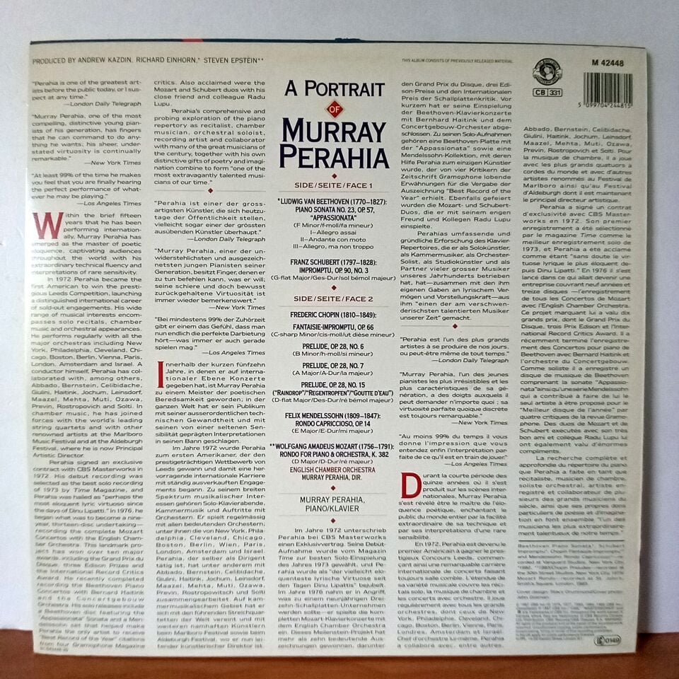 A PORTRAIT OF MURRAY PERAHIA / BEETHOVEN, CHOPIN, MENDELSSOHN, SCHUBERT, MOZART (1987) - LP 2.EL PLAK