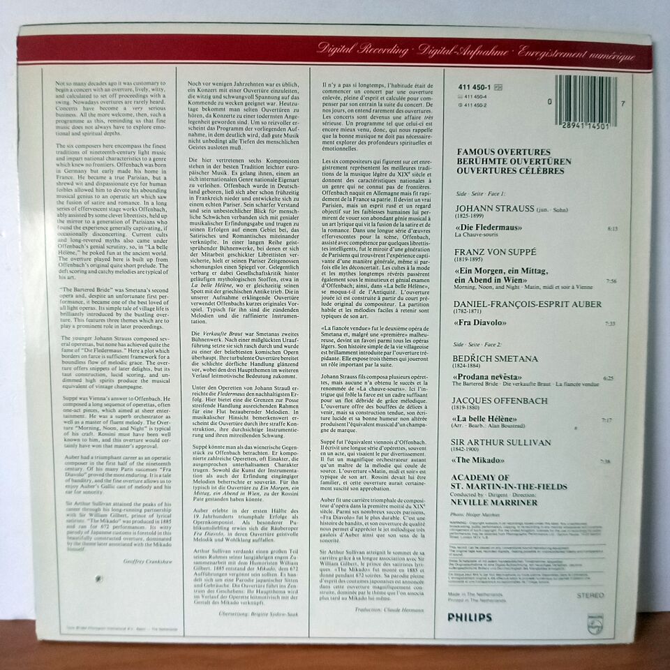 FAMOUS OVERTURES - BERÜHMTE OUVERTÜREN / OFFENBACH, STRAUSS, SMETANA, SUPPE, AUBER, SULLIVAN, THE ACADEMY OF ST. MARTIN-IN-THE-FIELDS, NEVILLE MARRINER (1984) - LP 2.EL PLAK
