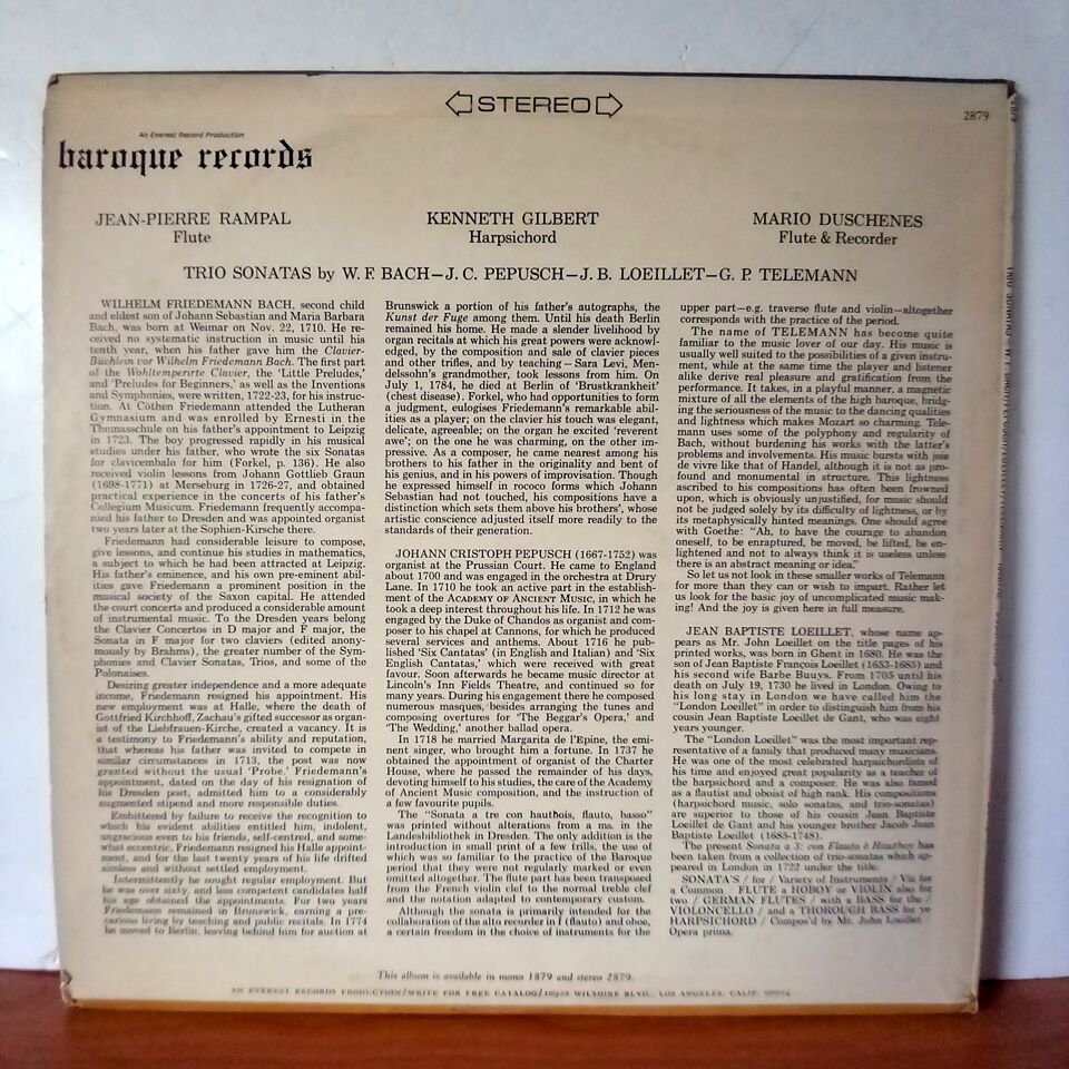 JEAN-PIERRE RAMPAL, MARIO DUSCHENES, KENNETH GILBERT – TRIO SONATAS BY W. F. BACH - J. C. PEPUCSCH - J. B. LOEILLET - G. P TELEMANN - LP 2.EL PLAK