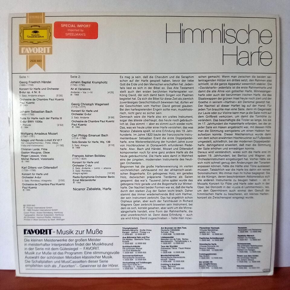 HIMMLISCHE HARFE / VIRTUOSE KONZERTE MIT NICANOR ZABALETA (1980) - LP 2.EL PLAK