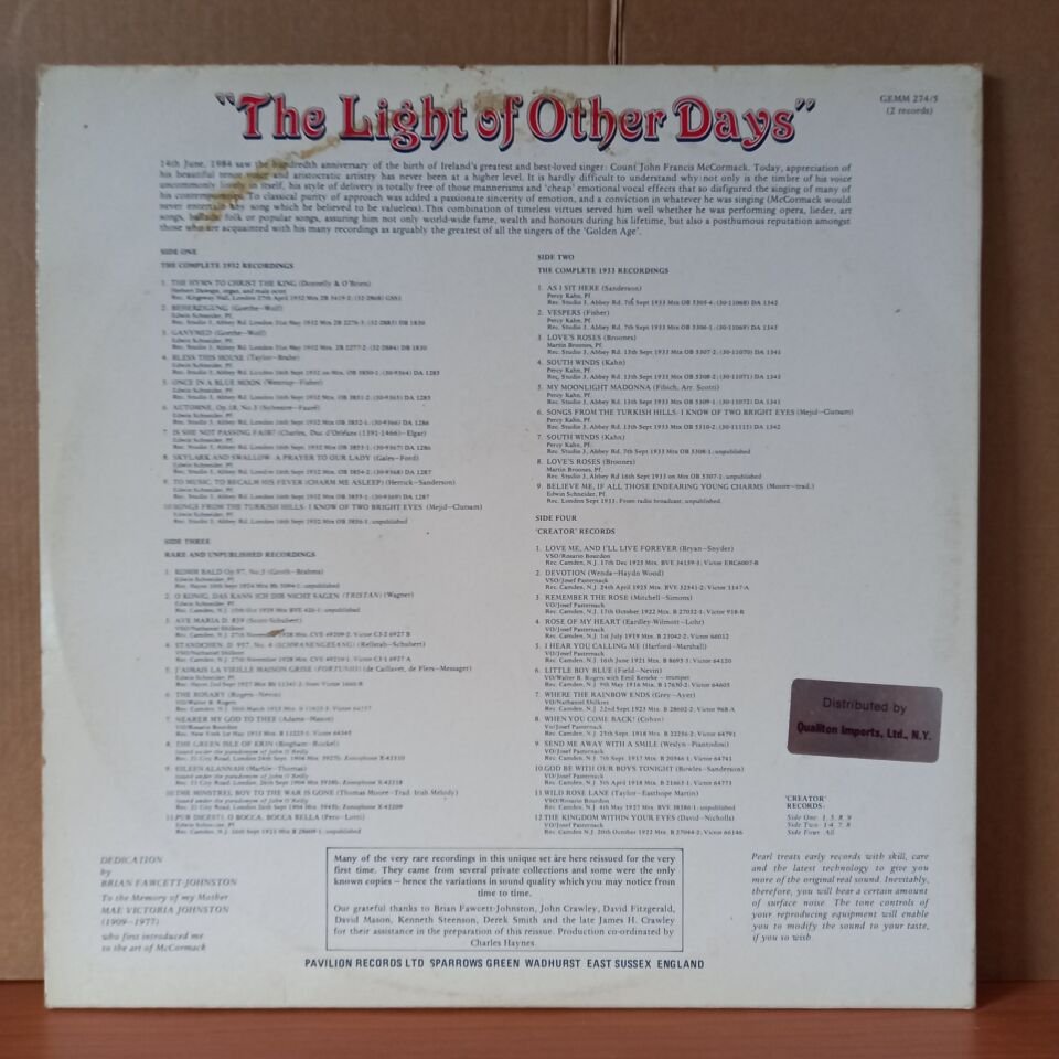 COUNT JOHN MCCORMACK – THE LIGHT OF OTHER DAYS (1984) - 2LP 2.EL PLAK