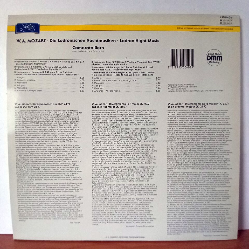 W.A. MOZART, CAMERATA BERN – DIE LODRONISCHEN NACHTMUSIKEN / THE LODRON SERENADES (1989) - LP 2.EL PLAK