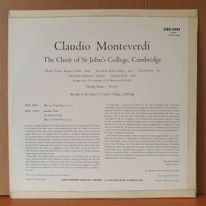 MONTEVERDI / CHOIR OF ST. JOHN'S COLLEGE CAMBRIDGE, GEORGE GUEST (1966) - LP 2.EL PLAK