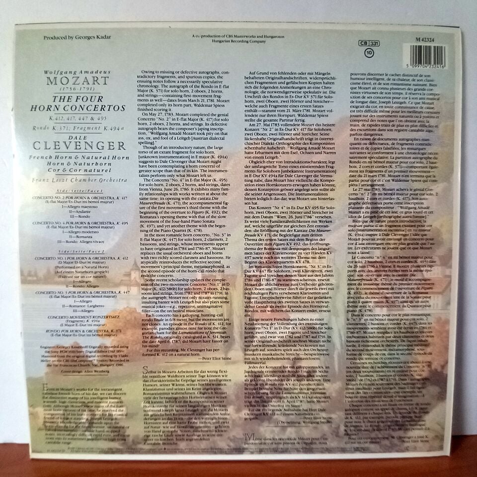 MOZART: HORN CONCERTOS NOS. 1-4 (K.412, 417, 447 & 495) / RONDO K.371 / FRAGMENT K.494A / DALE CLEVENGER, LISZT FERENC CHAMBER ORCHESTRA (1987) - LP 2.EL PLAK