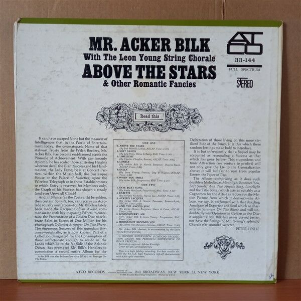 MR. ACKER BILK WITH THE LEON YOUNG STRING CHORALE – ABOVE THE STARS & OTHER ROMANTIC FANCIES (1962) - LP 2.EL PLAK