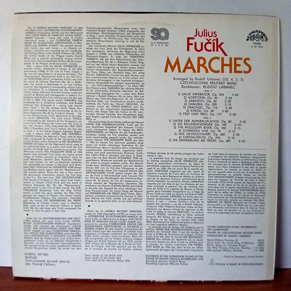 JULIUS FUCIK: MARCHES / RUDOLF URBANEC, CZECHOSLOVAK MILITARY BAND (1976) - LP 2.EL PLAK