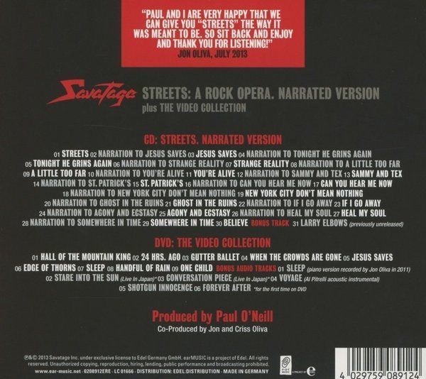 SAVATAGE – STREETS: A ROCK OPERA - NARRATED VERSION (1991) - CD+DVD 2013 REISSUE AMBALAJINDA SIFIR