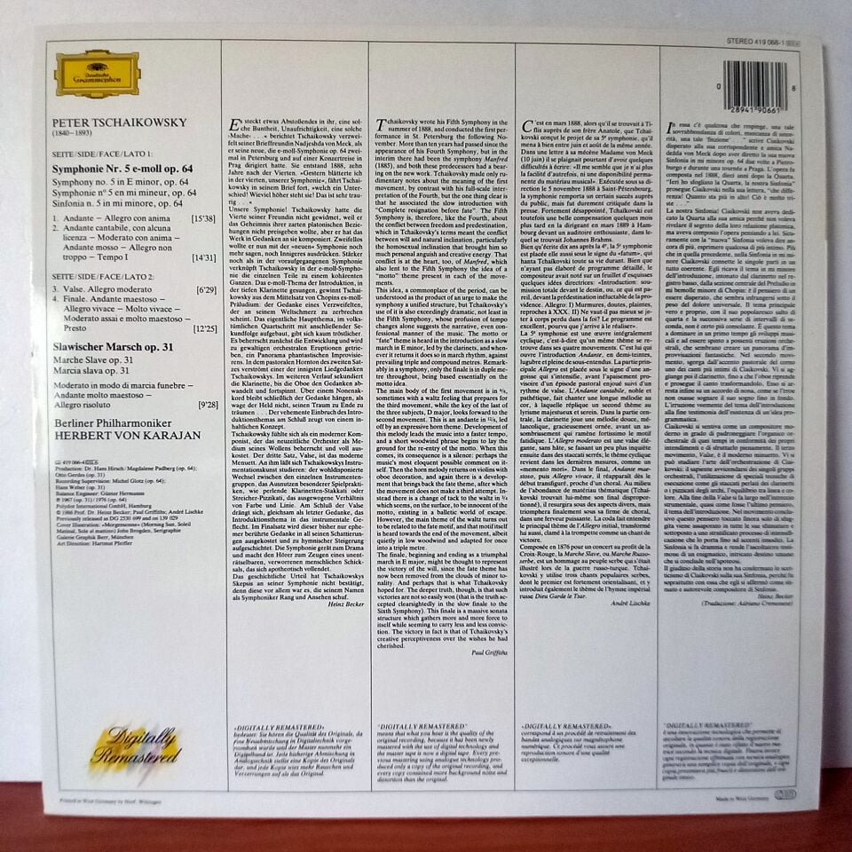 PETER TCHAIKOVSKY:  SYMPHONIE NR. 5 / SLAWISCHER MARSCH / HERBERT VON KARAJAN - BERLINER PHILHARMONIKER (1986) - LP 2.EL PLAK