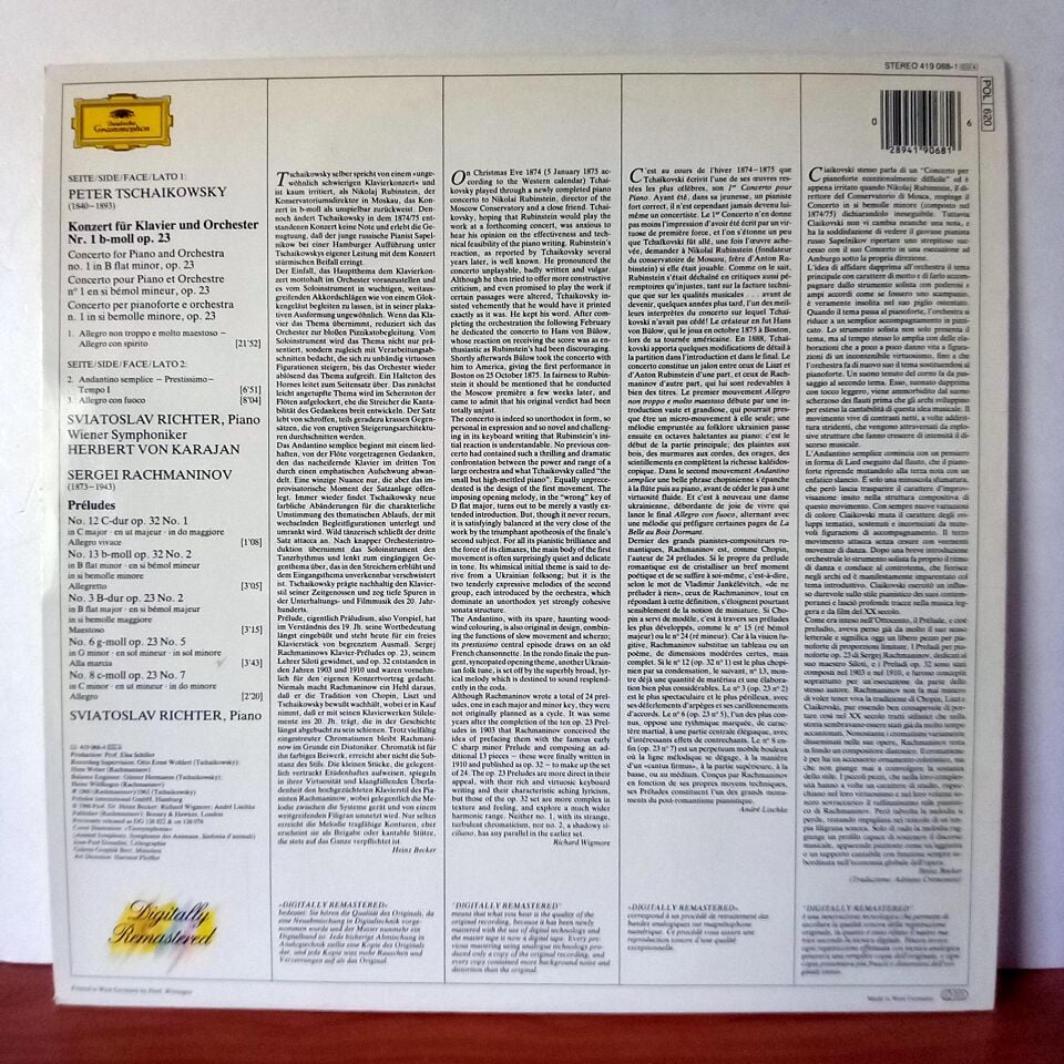 PETER TSCHAIKOWSKY: PIANO CONCERTO NO. 1 / SERGEJ RACHMANINOW: 5 PRELUDES / SVJATOSLAV RICHTER, WIENER SYMPHONIKER, HERBERT VON KARAJAN (1986) - LP 2.EL PLAK