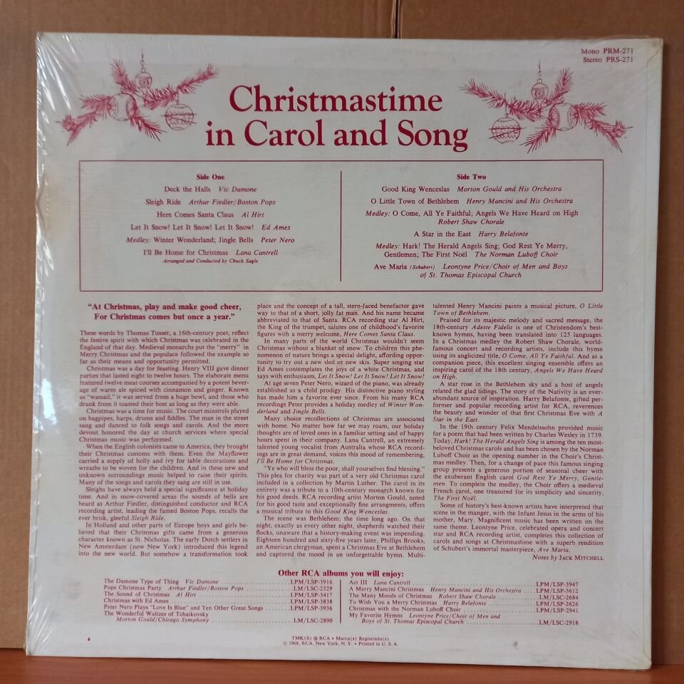CHRISTMASTIME IN CAROL AND SONG / ED AMES, HARRY BELAFONTE, LANA CANTRELL, VIC DAMONE, AL HIRT, PETER NERO, HENRY MANCINI (1968) - LP DÖNEM BASKISI SIFIR PLAK
