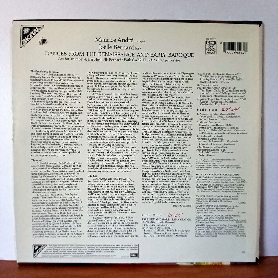 TRUMPET AND HARP / DANCES FROM THE RENAISSANCE AND EARLY BAROQUE / MAURICE ANDRE, JOELLE BERNARD (1984) - LP 2.EL PLAK