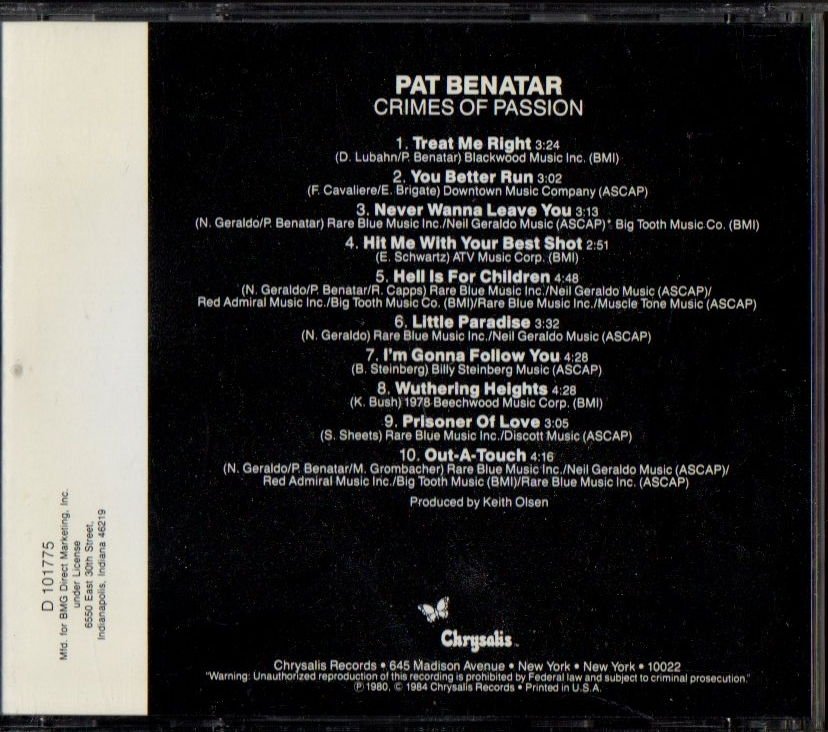 PAT BENATAR – CRIMES OF PASSION (1980) - CD 1984 2.EL