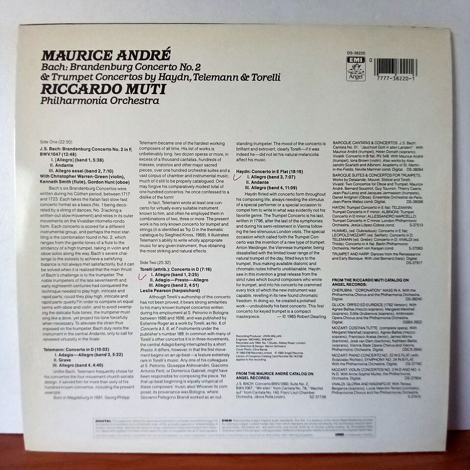 MAURICE ANDRE / BACH: BRANDENBURG CONCERTO NO. 2 & TRUMPET CONCERTORS BY HAYDN, TELEMANN & TORELLI / RICCARDO MUTI, PHILHARMONIA ORCHESTRA (1985) - LP 2.EL PLAK