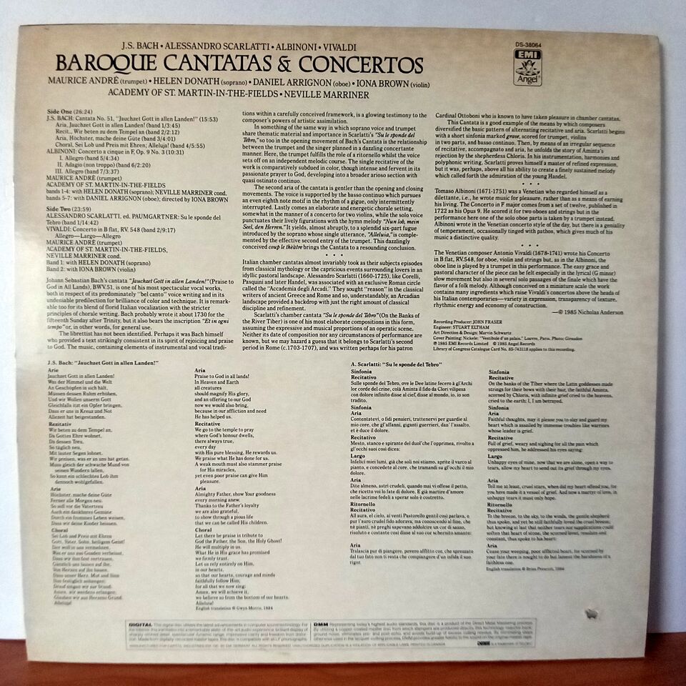 BAROQUE CANTATAS & CONCERTOS / MAURICE ANDRE • HELEN DONATH • NEVILLE MARRINER • ACADEMY OF ST. MARTIN-IN-THE-FIELDS • DANIEL ARRIGNON • IONA BROWN - J. S. BACH / ALESSANDRO SCARLATTI / ALBINONI / VIVALDI (1985) - LP 2.EL PLAK