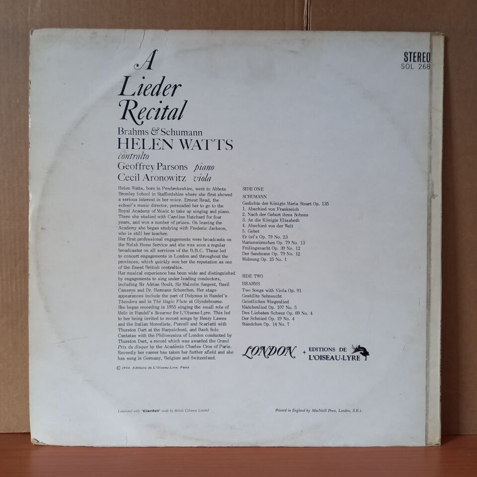 A LIEDER RECITAL / HELEN WATTS / GEOFFREY PARSONS / CECIL ARONOWITZ / BRAHMS & SCHUMANN (1964) - LP 2.EL PLAK