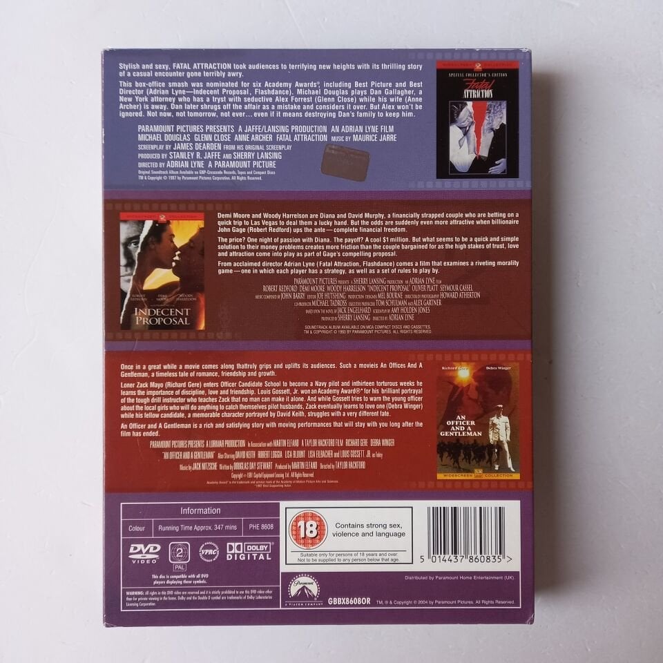 INDECENT PROPOSAL, FATAL ATTRACTION, AN OFFICER AND A GENTLEMAN  ROBERT REDFORD - DEMI MOORE - WOODY HARRELSON - 3DVD - 2.EL