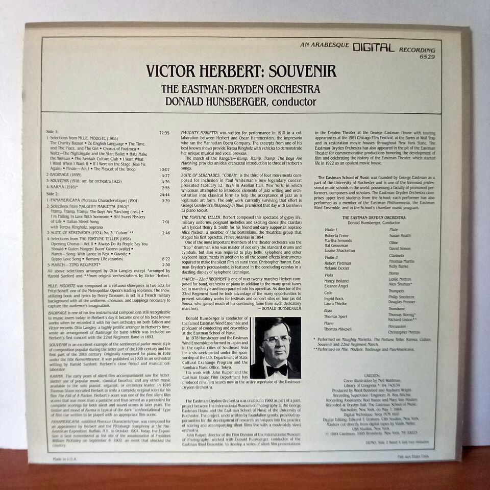 VICTOR HERBERT:  SOUVENIR / THE EASTMAN-DRYDEN ORCHESTRA, DONALD HUNSBERGER (1984) - LP 2.EL PLAK