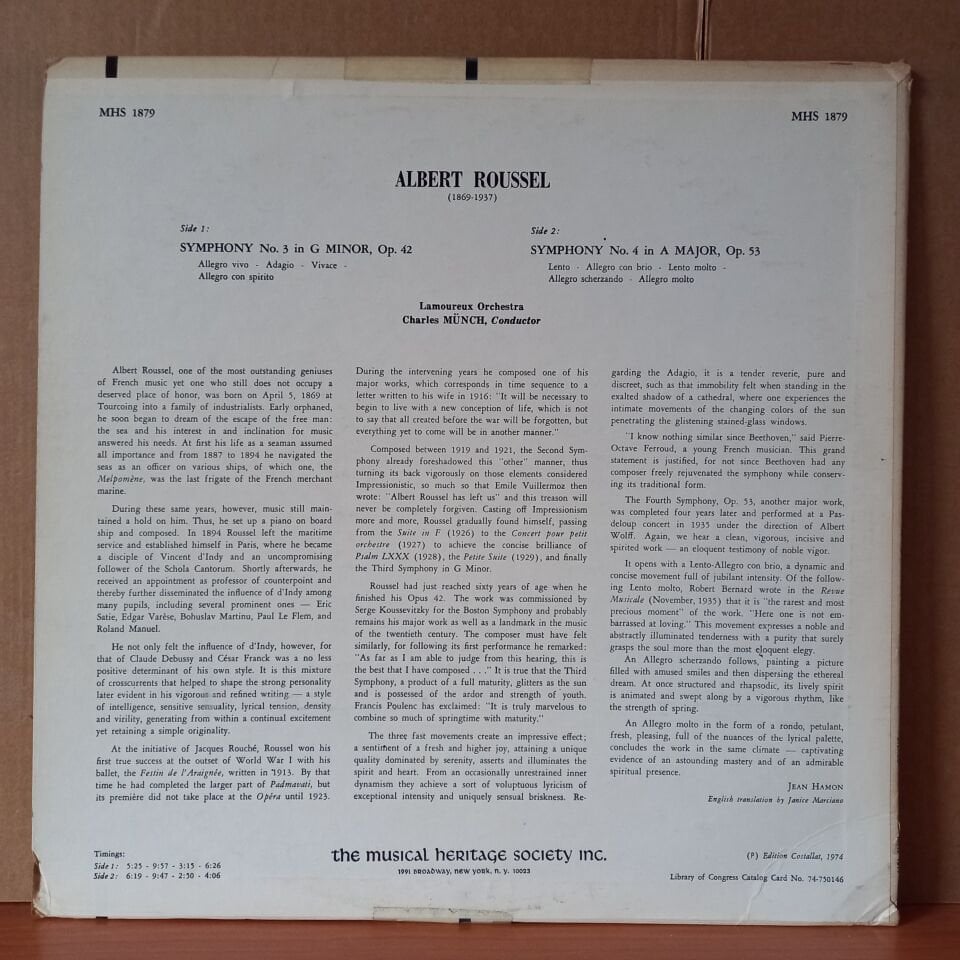 ALBERT ROUSSEL: SYMPHONIES NOS. 3 & 4 / LAMOUREUX ORCHESTRA, CHARLES MÜNCH (1975) - LP 2.EL PLAK