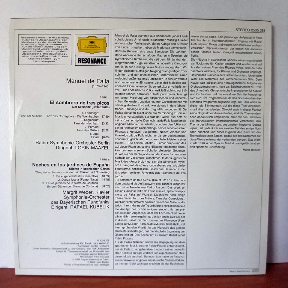 MANUEL DE FALLA:  TANZE AUS »DER DREISPITZ« / LORIN MAAZEL / NACHTE IN SPANISCHEN GARTEN / MARGRIT WEBER · RAFAEL KUBELIK - LP 2.EL PLAK