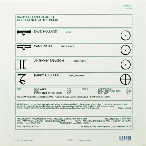 DAVID HOLLAND - CONFERENCE OF THE BIRDS (1973) - LP ECM RECORDS 2017 EDITION REISSUE SIFIR PLAK