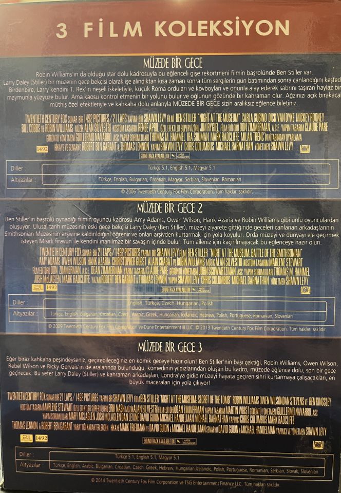 NIGHT AT THE MUSEUM 1-2-3 - MÜZEDE BİR GECE KOLEKSİYON - 3 DVD BOX SET