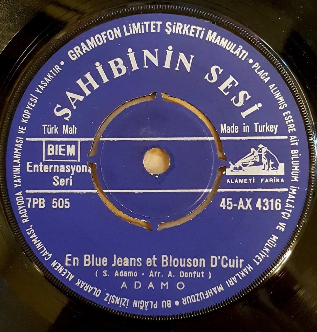 ADAMO - EN BLUE JEANS ET BLOUSON D'CUIR / CHE FUNERALE -  7'' 45 DEVİR KAPAKSIZ SAHİBİNİN SESİ 2.EL PLAK